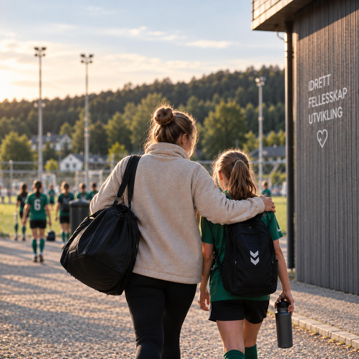Mor og barn går sammen mot fotballbanen en sen sommerkveld